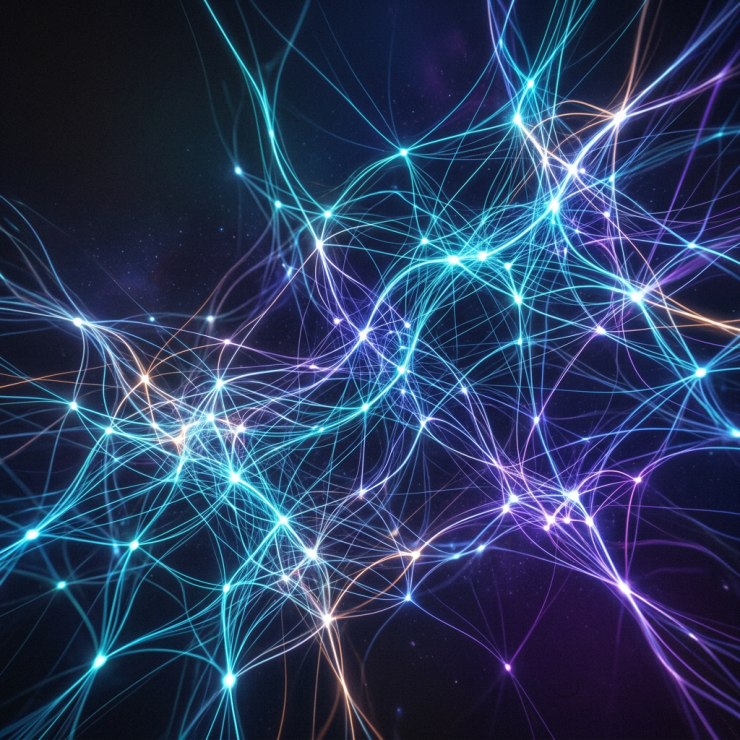 Bright glowing nodes connected by colorful lines forming a neural network pattern
