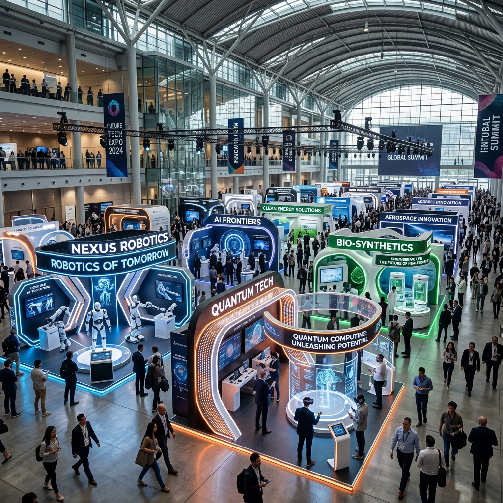 Technology exhibition showcasing robotics, quantum computing, AI, and bio-synthetics