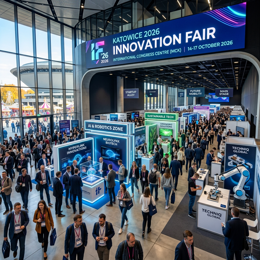 Crowded innovation fair inside a modern conference center with AI and robotics displays